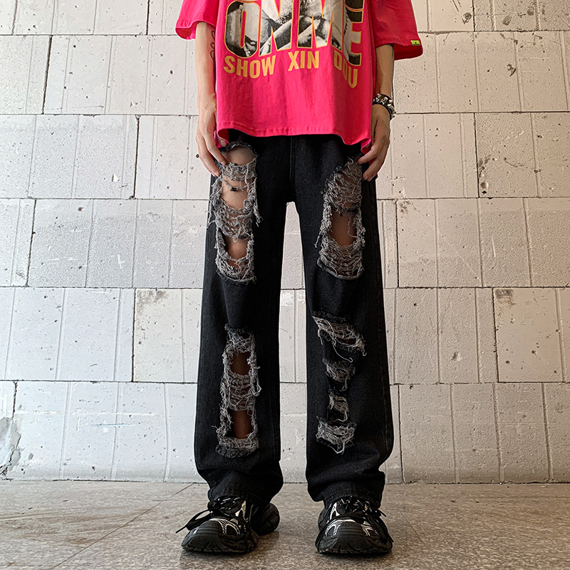 Mens Jeans Fashion Ruffian Handsome Ripped High Street Summer Loose Casual Wide Leg Beggar Pants Male Clothes 230809