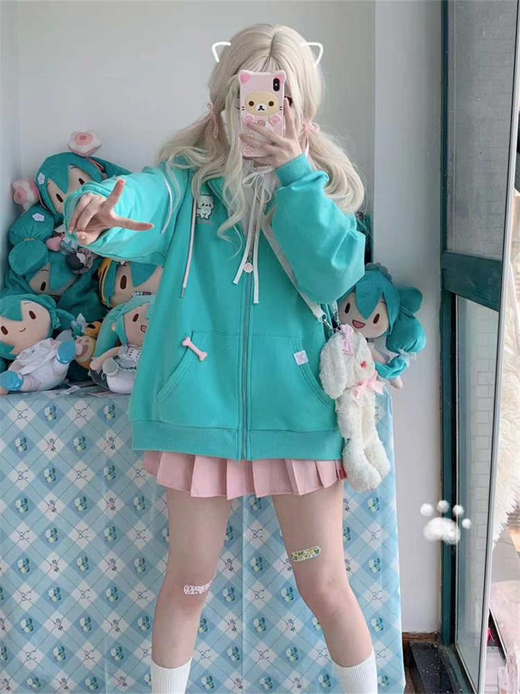 Women's Hoodies Sweatshirts QWEEK Harajuku Kawaii Zip Up Hoodie Women Cat Ear Japanese Style Cute Hooded Jacket Oversized Sweet Lolita Girly Swea