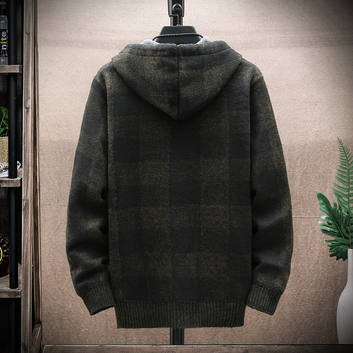 Men's Sweaters Men's Winter Plaid Sweater Hooded Cardigan Cold Coat Wool Zipper Jacket Autumn Fleece Warm Fashion Checkered Knit Jumper 2308