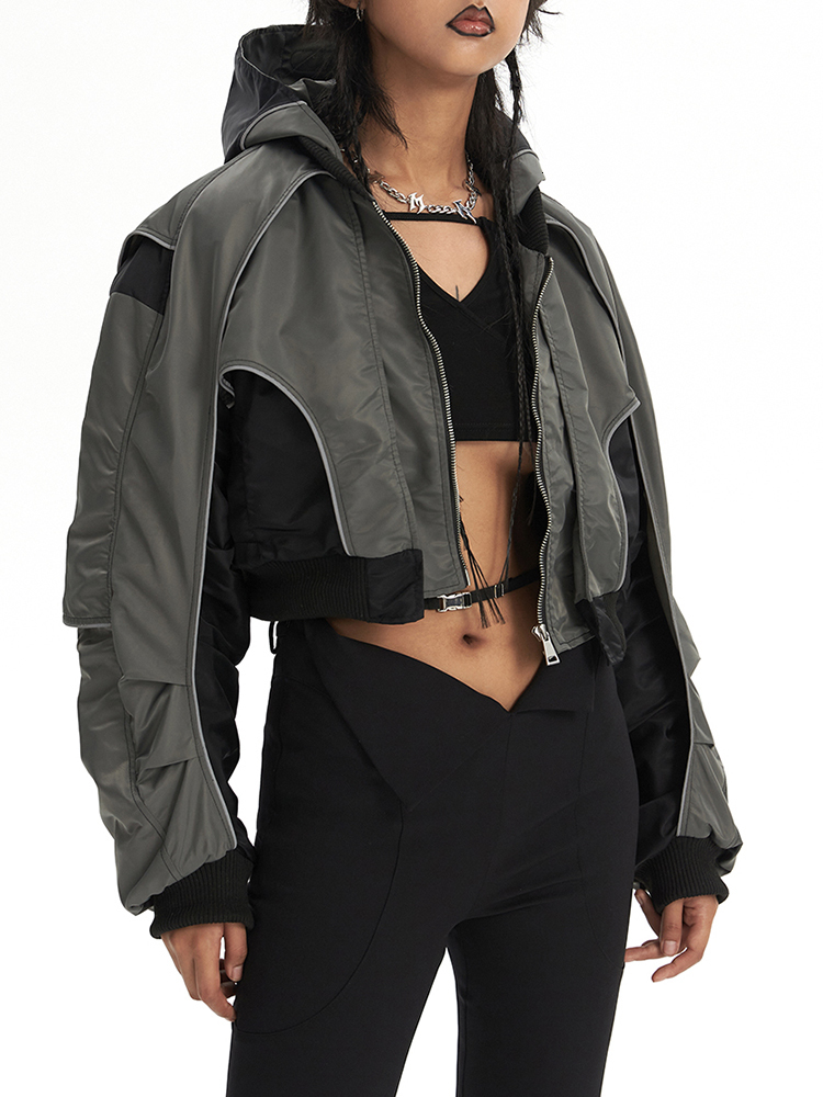 Womens Jackets DEAT Fashion Hooded Contrasting Colors Reflective Splicing Pile Up Sleeves Overwear Coat Autumn 7AB042 230808