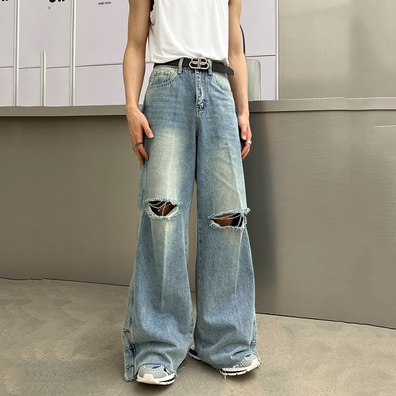Mens Jeans FEWQ Y2k Ripped Burrs Solid Color Denim Pants Male Vintage Wornout Straight Trousers Breasted Oversize Retro 24B2664 230809