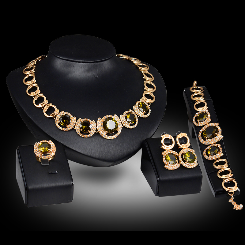 Wedding Jewelry Sets Bridal Accessories Gold Color Crystal Green Red Zircon Pendant necklace earrings Ring women bridal jewelry sets 230808