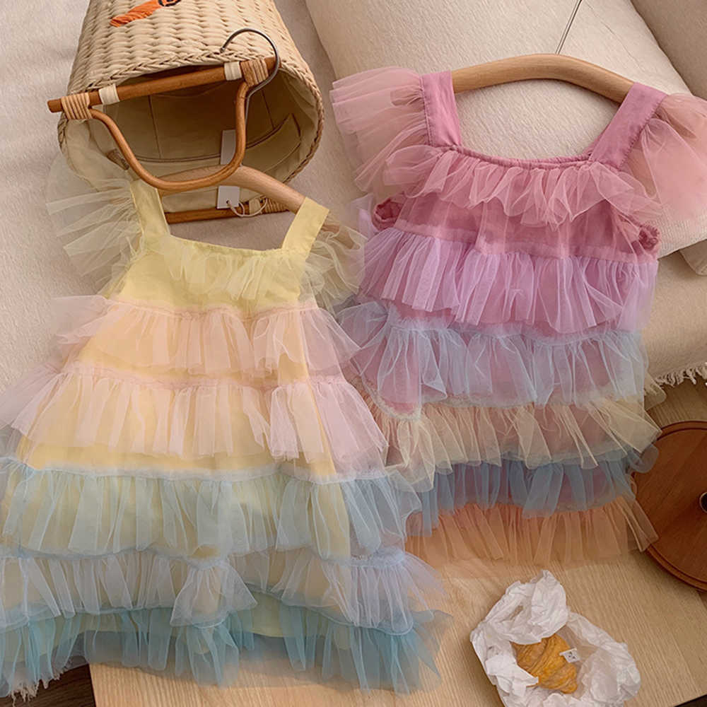 Girl's Dresses Baju Anak Perempuan Baju Anak Baru Pelangi Berlapis-lapis Jaring Gaun Kue Dansa Putri Musim Panas Vestido Baju Anak R230808
