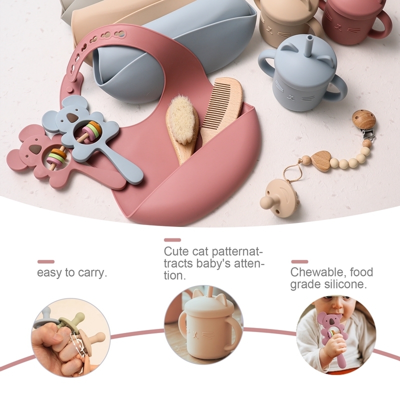 Baby Bottle 1 Set Cat Cup Toy Food Grade Silicone Bibs Rattle Bath Brush Products with Packing Box P ography Birthday Gifts 230808