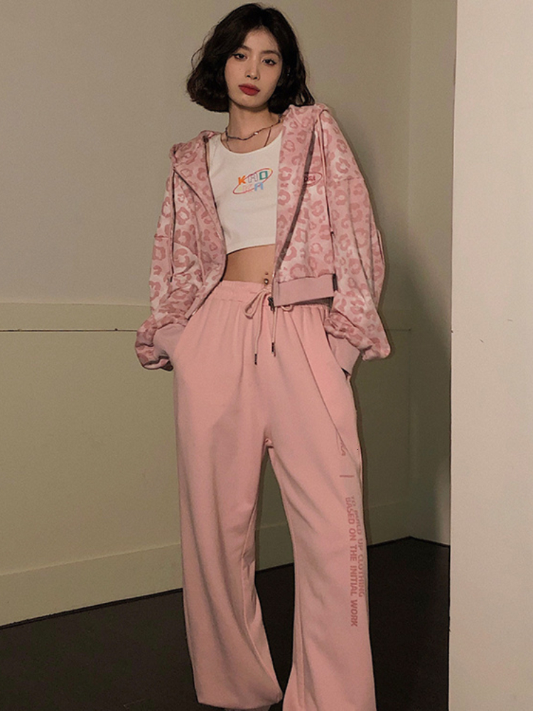 Women's Hoodies Sweatshirts Deeptown Preppy Style Pink Sweatshirts Leopard Print Y2K Harajuku Oversized Vintage Zipper Cropped Top Cute Jacket 23
