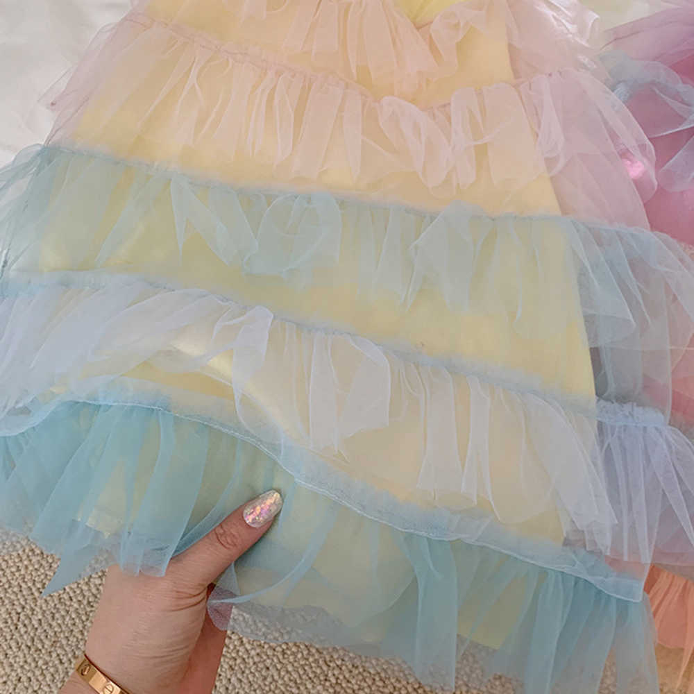 Girl's Dresses Baju Anak Perempuan Baju Anak Baru Pelangi Berlapis-lapis Jaring Gaun Kue Dansa Putri Musim Panas Vestido Baju Anak R230808