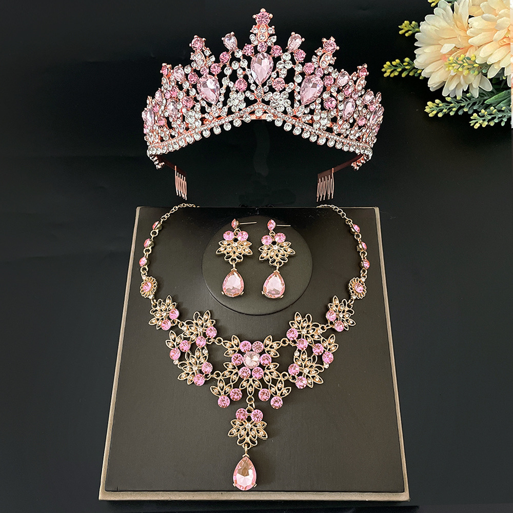 Wedding Hair Jewelry Fashion Pink Crystal Bridal Tiara Crown Women Queen Princess Necklace Sets Fashion Jewelry Set Diadems 230808