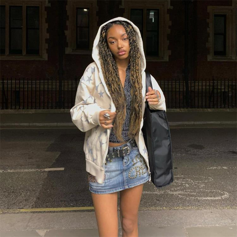 Women's Hoodies Sweatshirts Women Vintage Star Print Hoodies Fashion Casual Zip Up Long Sleeve Loose Jacket Coats Harajuku Hooded Sweatshirts Y2k