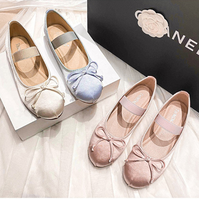 Dress Shoes Women's Mary Jane Shoes Round Toe Plus Size Women's Shoes Bow Silk Satin Ballet Flats Spring Autumn Flats Shoes Zapatos De Mujer