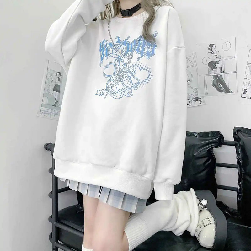 Women's Hoodies Sweatshirts Japanese Sweet Cool Black And White Sweater Women Plus Velvet Thickening Autumn And Winter Student Loose Harajuku Sty