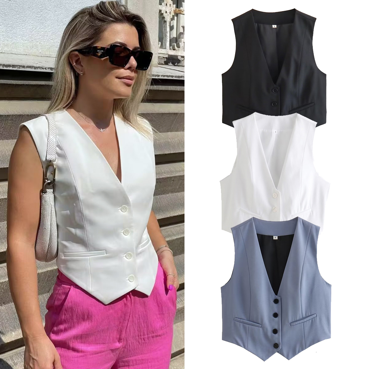 Women's Vests HDIMM TRAF Fashion Women's Vest Summer Sleeveless Tank Tops Female Vintage V-Neck Single-breasted Vests In 230808