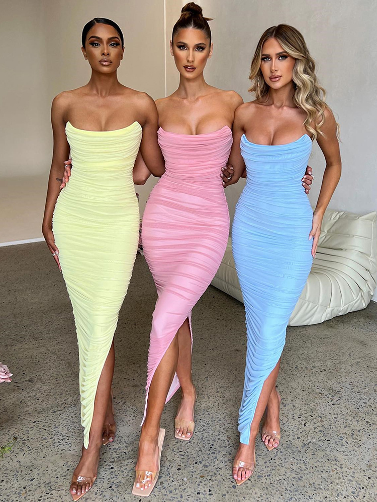 Urban Sexy Dresses WeiYao Bodycon Maxi Dress for Women Mesh Sexy Robe Strapless Backless Sleeveless Split Club Party Pink Evening Dress Long 230809