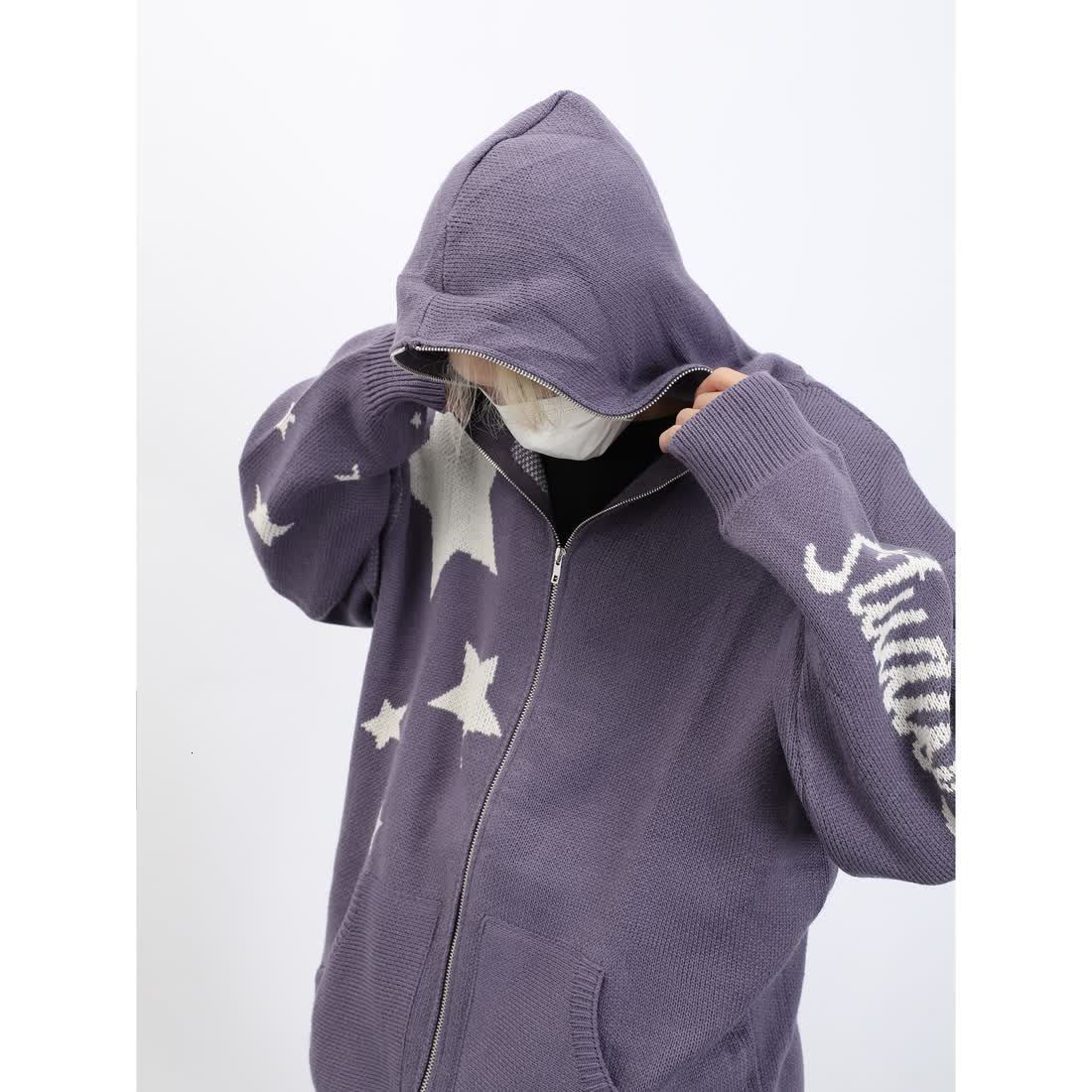 Men's Sweaters Star zipper cardigan hooded knitted sweater for men and women American retro ins loose casual all-match hooded sweater jacket 2308