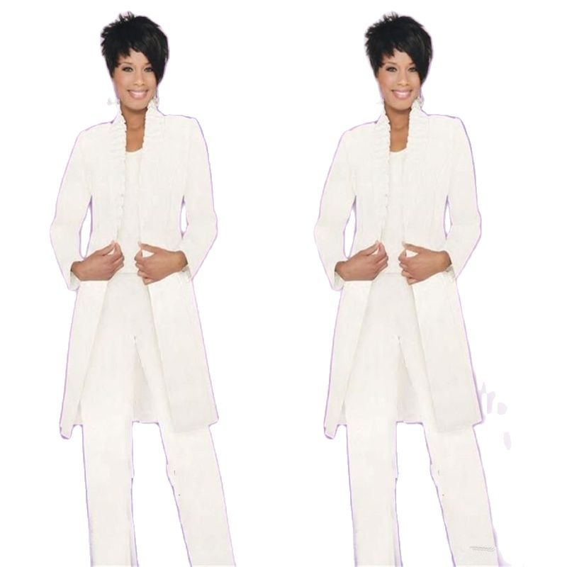 White 3 Piece Mother Of Bride Pant Suits for Wedding Long Sleeves Chiffon Ruffles Modern Women Prom Mothers Dresses Custom Made Evening Gowns