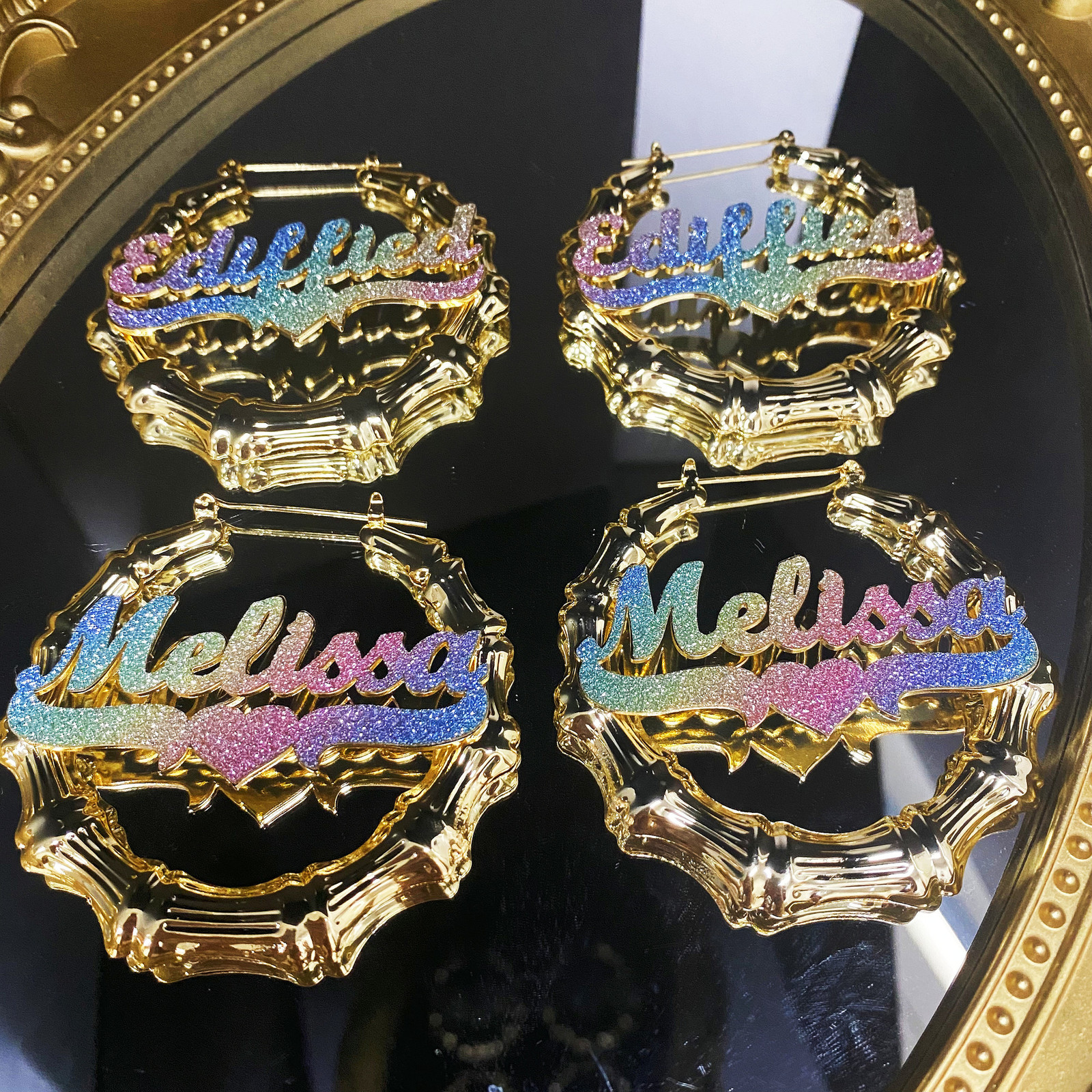 Hoop Huggie Custom Name Bamboo Earrings Bling Name Earrings Personalized Stainless Steel Name Hoop Earrings Bamboo Hoops For Women Girls 230808