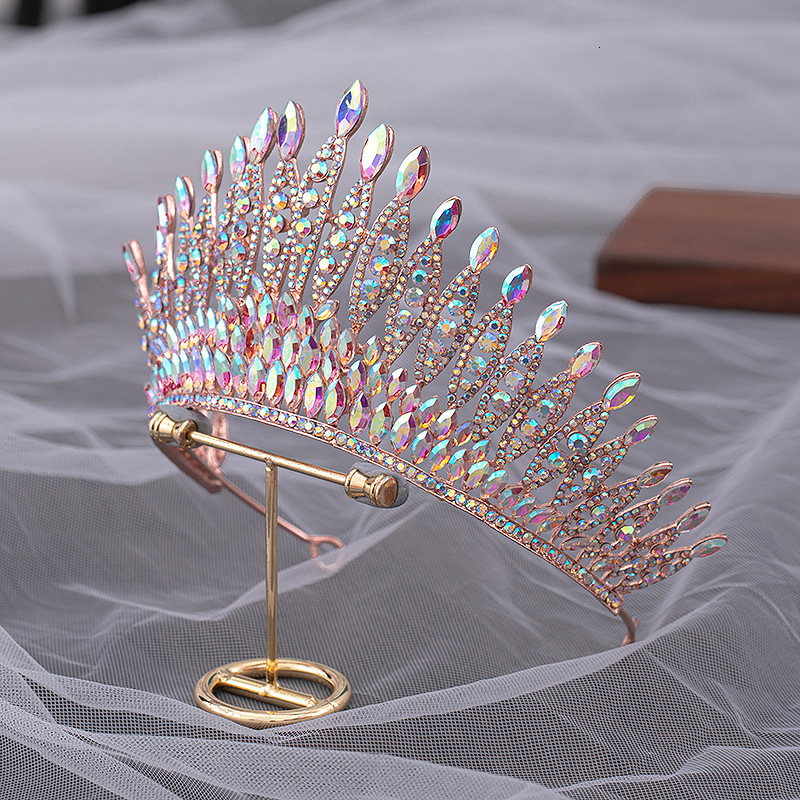 Wedding Hair Jewelry Quality Pageant Pink Bridal Crown Headdress Royal Queen Large Water Drop Crystal Tiaras Diadem Wedding Hair Jewelry Accessories 2