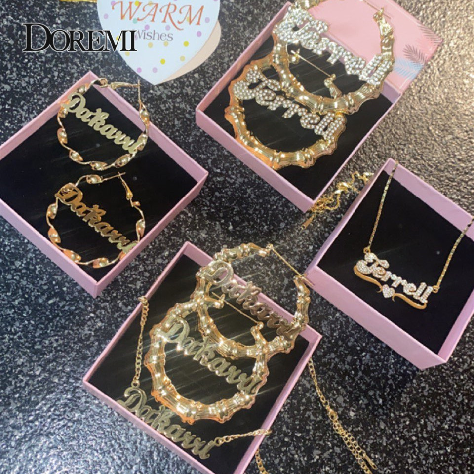 Hoop Huggie DOREMI Name Earrings and Necklace set 3MM Cuban Chain Round Bamboo Earrings Custom Bamboo HoopLetter Personalised Name Earrings 230808