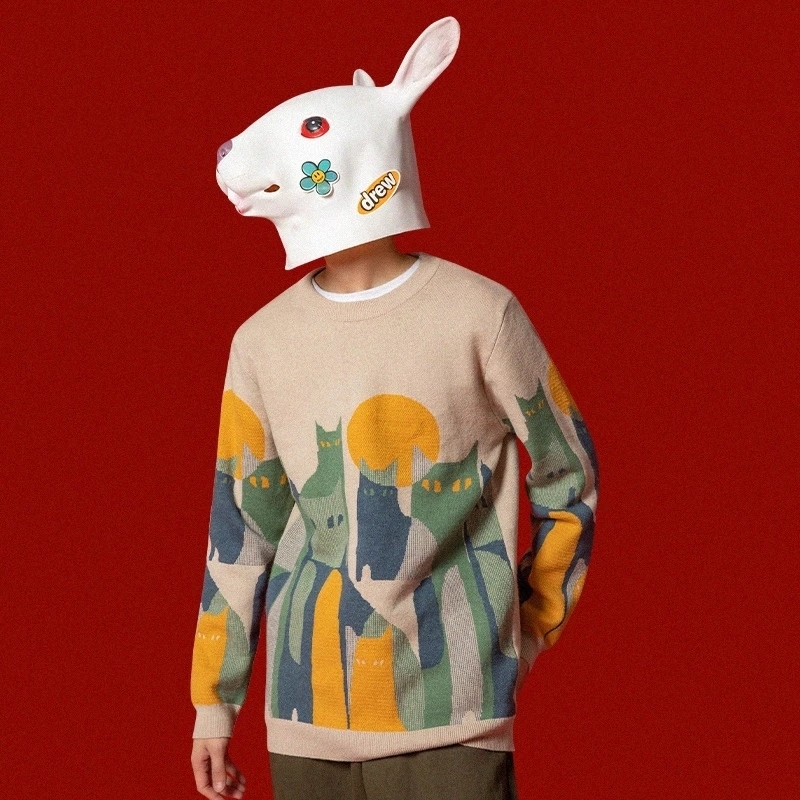 Men's Sweaters Japanese Harajuku Knitted Sweater Men Women Cartoon Full Cat Print Pullover Vintage Causal Loose Sweaters Streetwear Autumn 230808