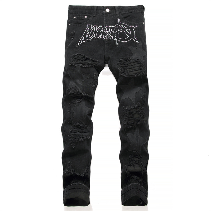 Mens Jeans Black Ripped Applique Embroidered Punk Style MidRise Slim Pencil Pants Fashion Streetwear 230809