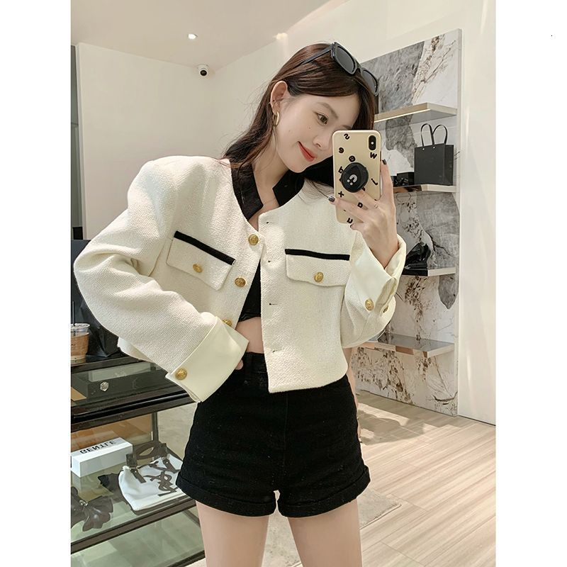 Womens Jackets Deeptown Korean Fashion Cropped Tweed Jacket Women Chic and Elegant Spring Harajuku Streetwear Style White Coat Female 230808
