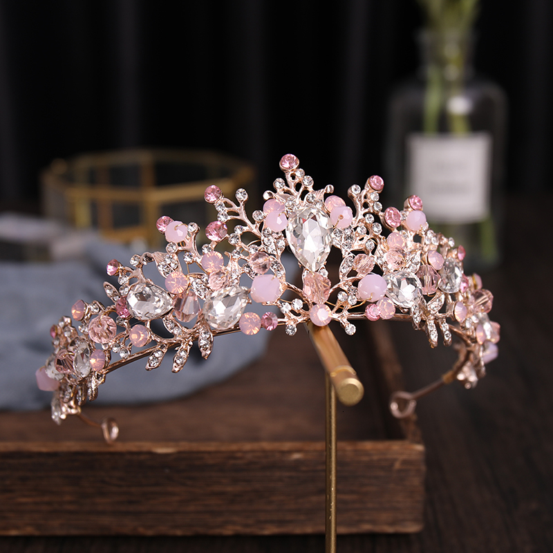 Wedding Hair Jewelry Rose Gold Silver Color Pink Crystal Bridal Tiara And Crown Handmade Queen Princess Diadem With Earring Women Wedding Accessories 