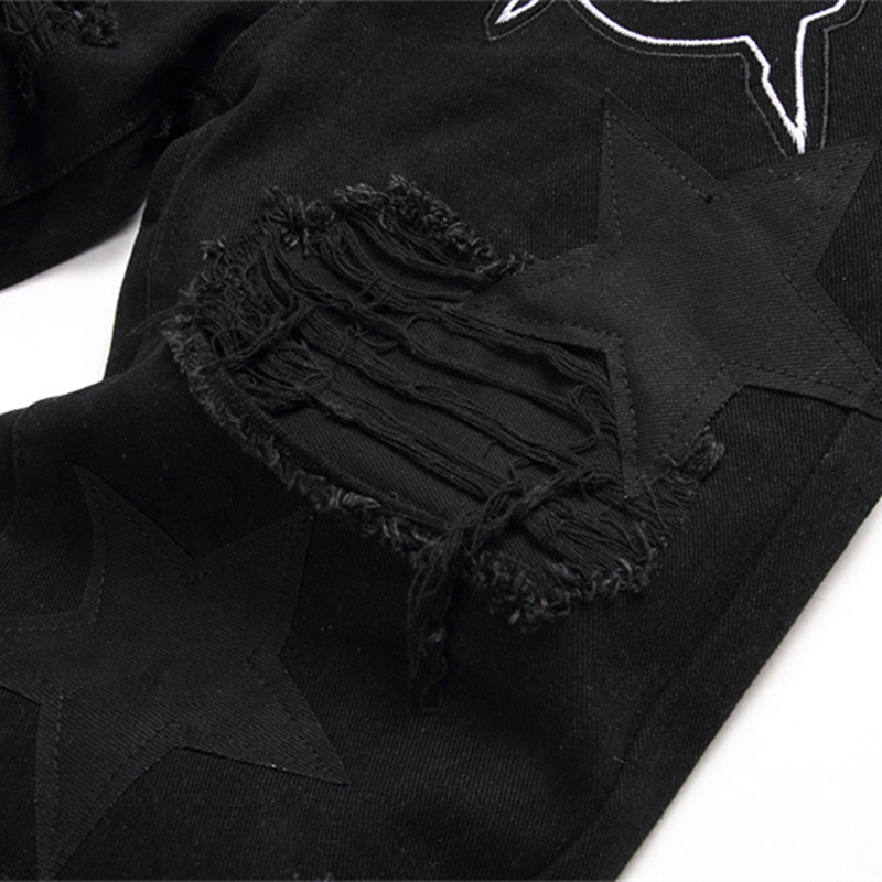 Mens Jeans Black Ripped Applique Embroidered Punk Style MidRise Slim Pencil Pants Fashion Streetwear 230809