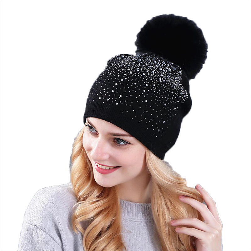 Xthree women winter beanie hat Rabbit fur wool knitted hat the female of the mink pom pom Shining Rhinestone hats for women S181