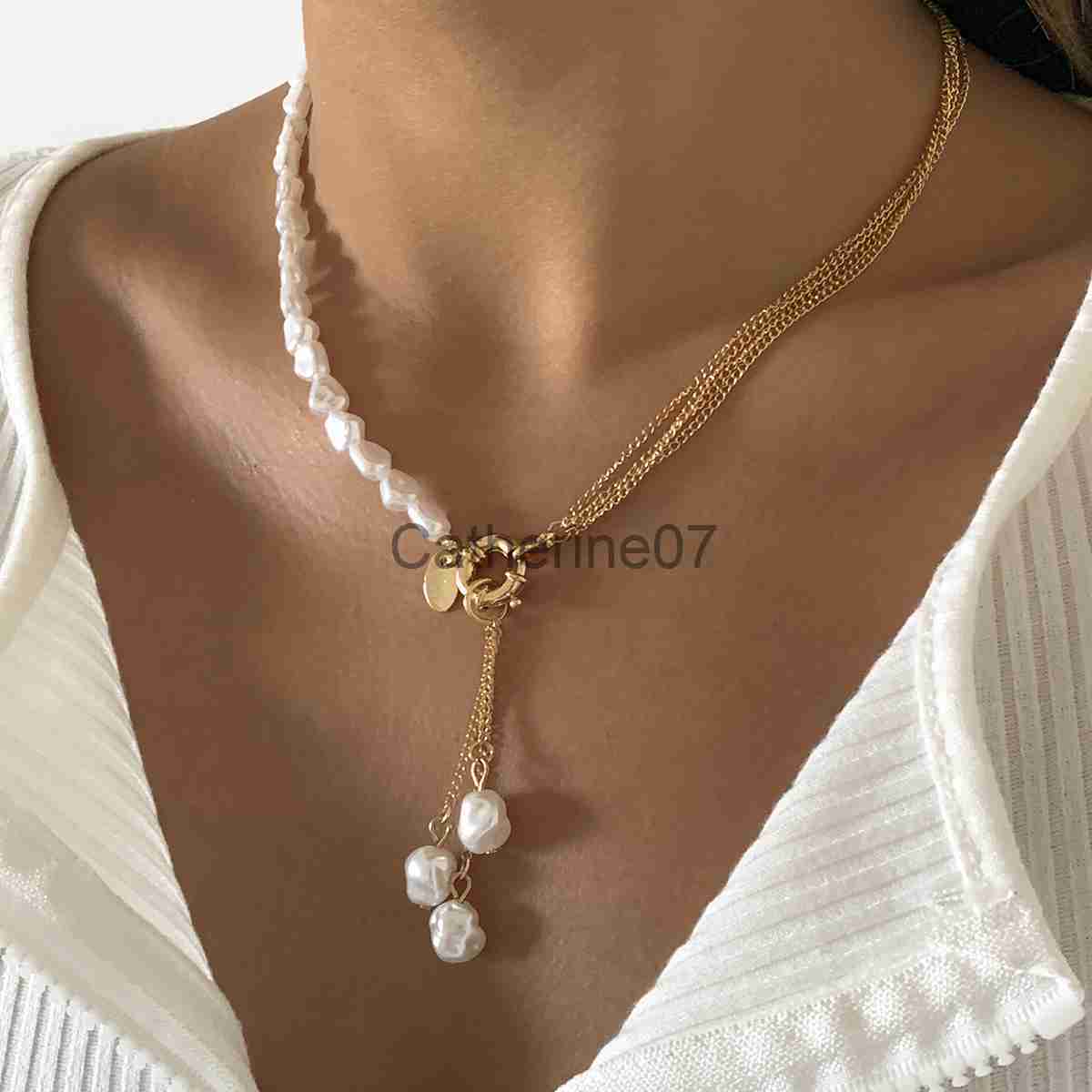 Pendant Necklaces Baroque Simulated Pearls Long Tassel Pendant Necklace For Women Beaded Link Chain Necklace 2022 Trend Lariat Wedding Jewelry J230809