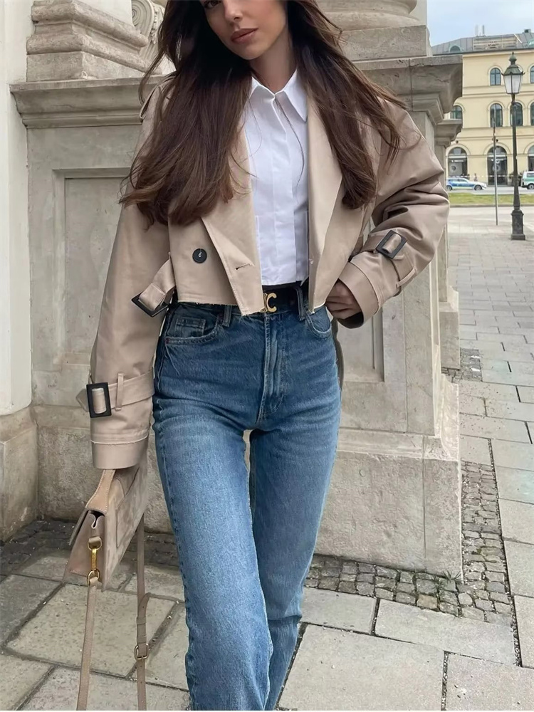 Womens Jackets Woman Elegant Khaki Loose Short Trench Coat Spring Female Fashion Solid Crop Ladies High Street Oversized Outwear 230808