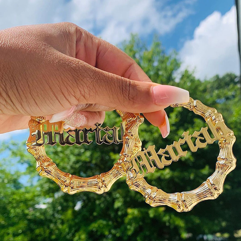 Hoop Huggie Custom Gold Stainless Steel Name Round Bamboo Hoop Earrings for Women Girl Customized Hip Hop Big Earrings Statement Jewelry 230808