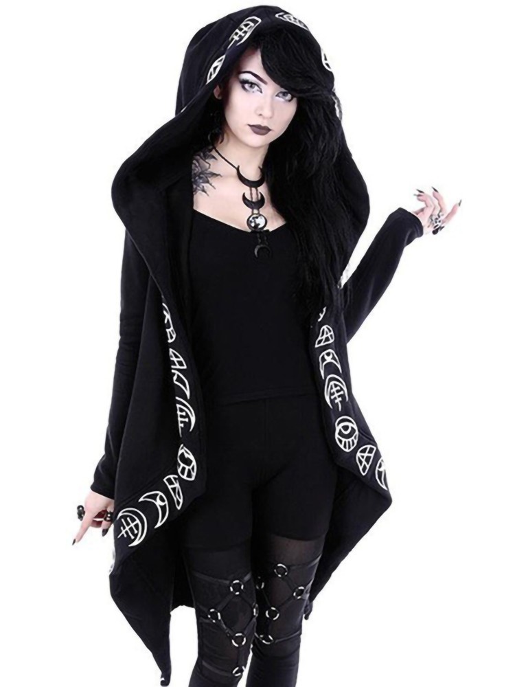 Women's Hoodies Sweatshirts Gothic Punk Black Long Women Hoodies Sweatshirts Halloween Moon Print Long Sleeve Hoodie Women Loose Coat Hooded Swea