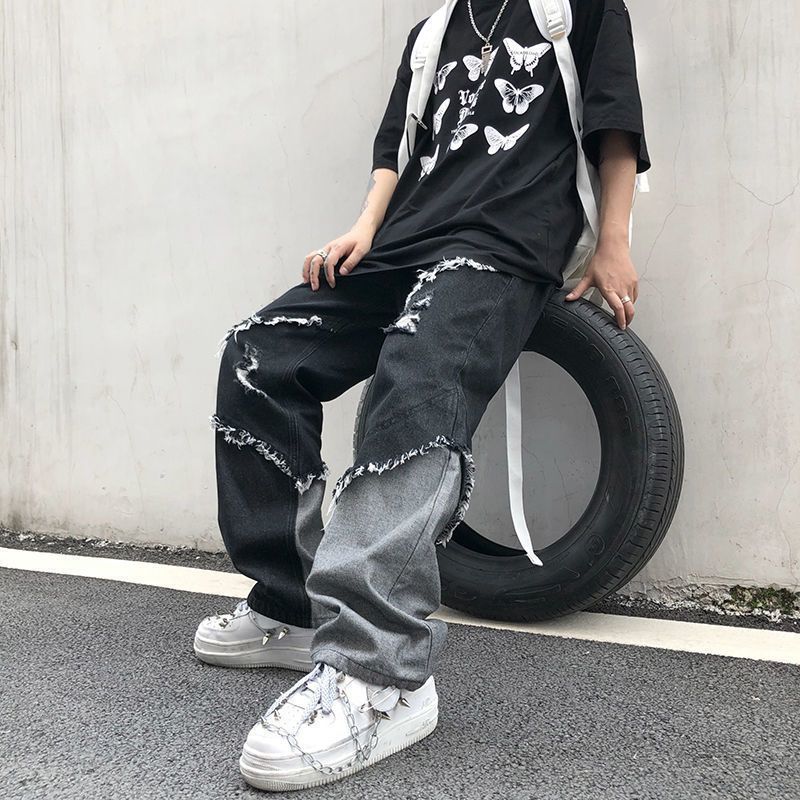 Mens Jeans Raw edge jeans mens and womens trend hiphop tassel stitching denim pants trendy high street Harajuku style loose trousers 230809