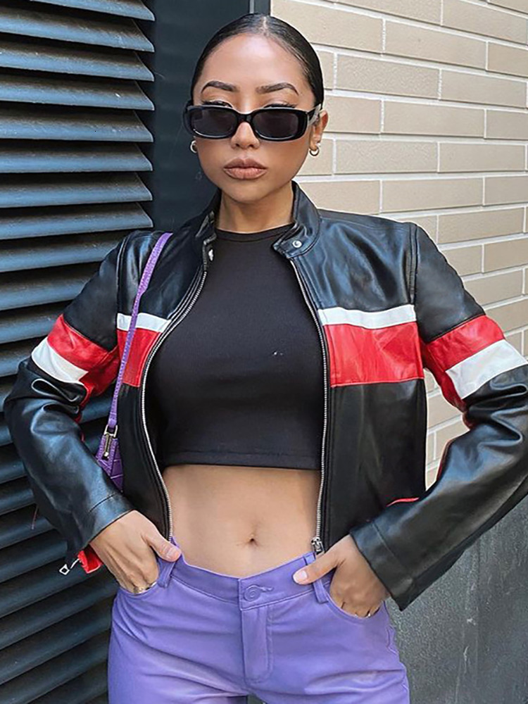 Womens Jackets Absobe PU Color Contrast Zipper Short Jacket Women Coats Half Turtleneck Motorcycle Slim Outerwear tie Outfit Y2K Streetwear 230808