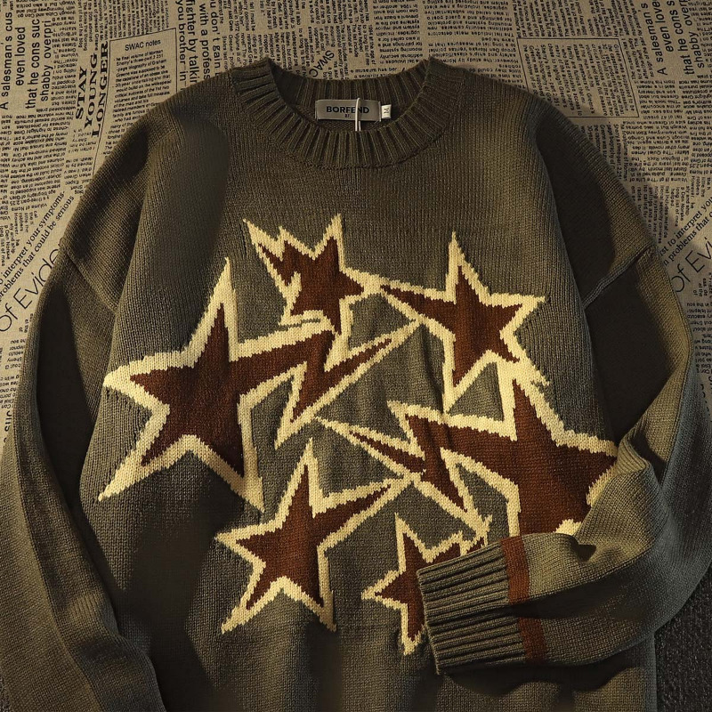 Men's Sweaters American Retro High Street Star Sweater Men Women Winter Loose Korean Version Of The Lazy Wind Knitted Jacket Pullover Tops 230808