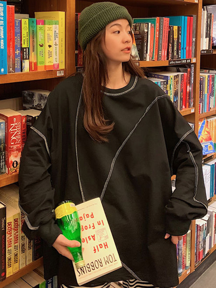 Women's Hoodies Sweatshirts Harajuku Sweatshirt BF Style Black Hip-hop Tops Teens Sweatshirts Autumn Trendy All-match Daily Women Streetwear Pull