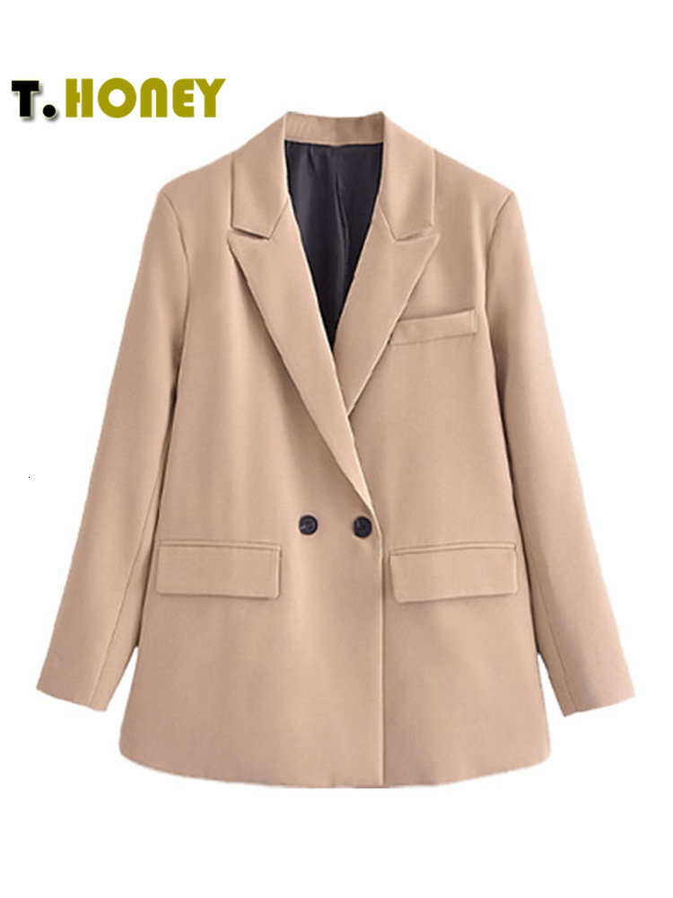 Women's Suits Blazers TELLHONEY Women Fashion Solid Double Breasted Blazers Female Elegant Long Sleeves Loose Jacket Coats Office Ladies Outerwea