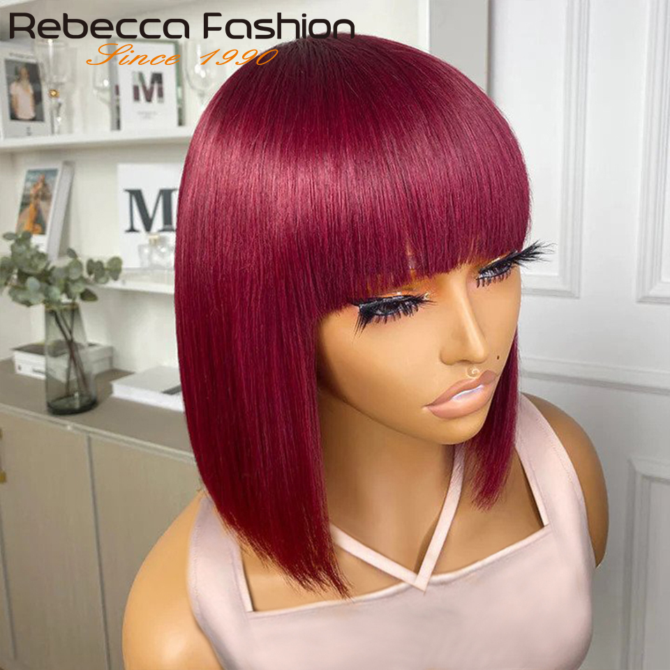 Synthetic Wigs 99J Colored Short 180D Straight Brazilian Human Hair Bob Wigs with Bangs Remy Full Machine Made for Women Hightlight Burgundy 230808