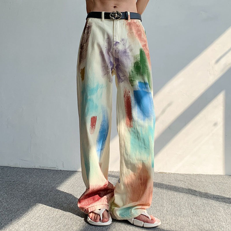 Mens Jeans FEWQ Colorful Graffiti Stitching Color Male High Street Denim Trousers Casual Wide Leg Pants Trendy 24B3326 230809