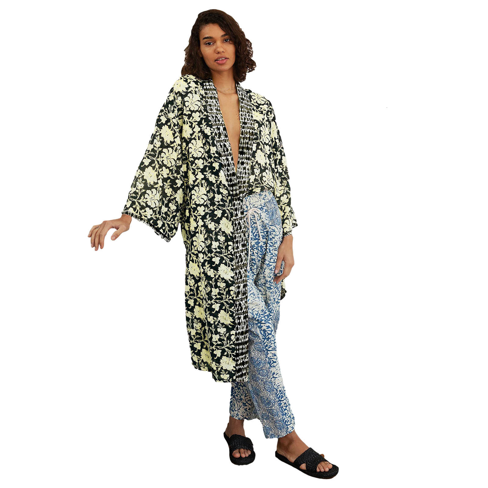 Women's Blouses Shirts Women Bohemian Flower Print Maxi Kimono Loose Half Sleeve Maxi Long Blouse Tops Holiday Beach Open Front For Womens Chiffo