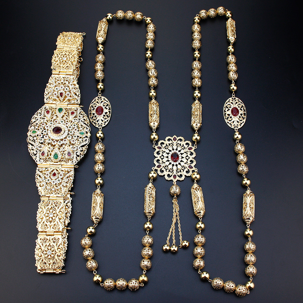 Belly Chains Sunspicems Bride Dress Caftan Belt Shoulder Chain Set Gold Color Algeria Morocco Women Wedding Jewelry Arabic Crystal Body Chain 230808