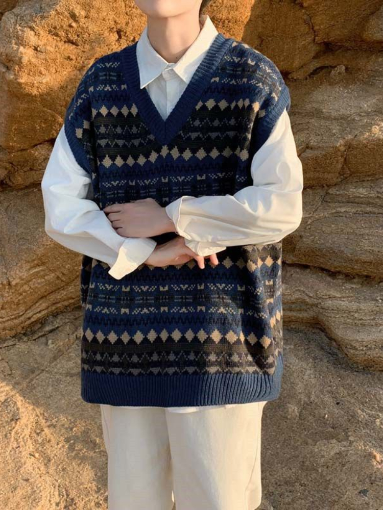 Men's Vests Gmiixder Japanese Retro Knitted Vest Men's Trend Ethnic Style Oversize Trendy Top Handsome Streetwear V-neck Sweater Undershirt 