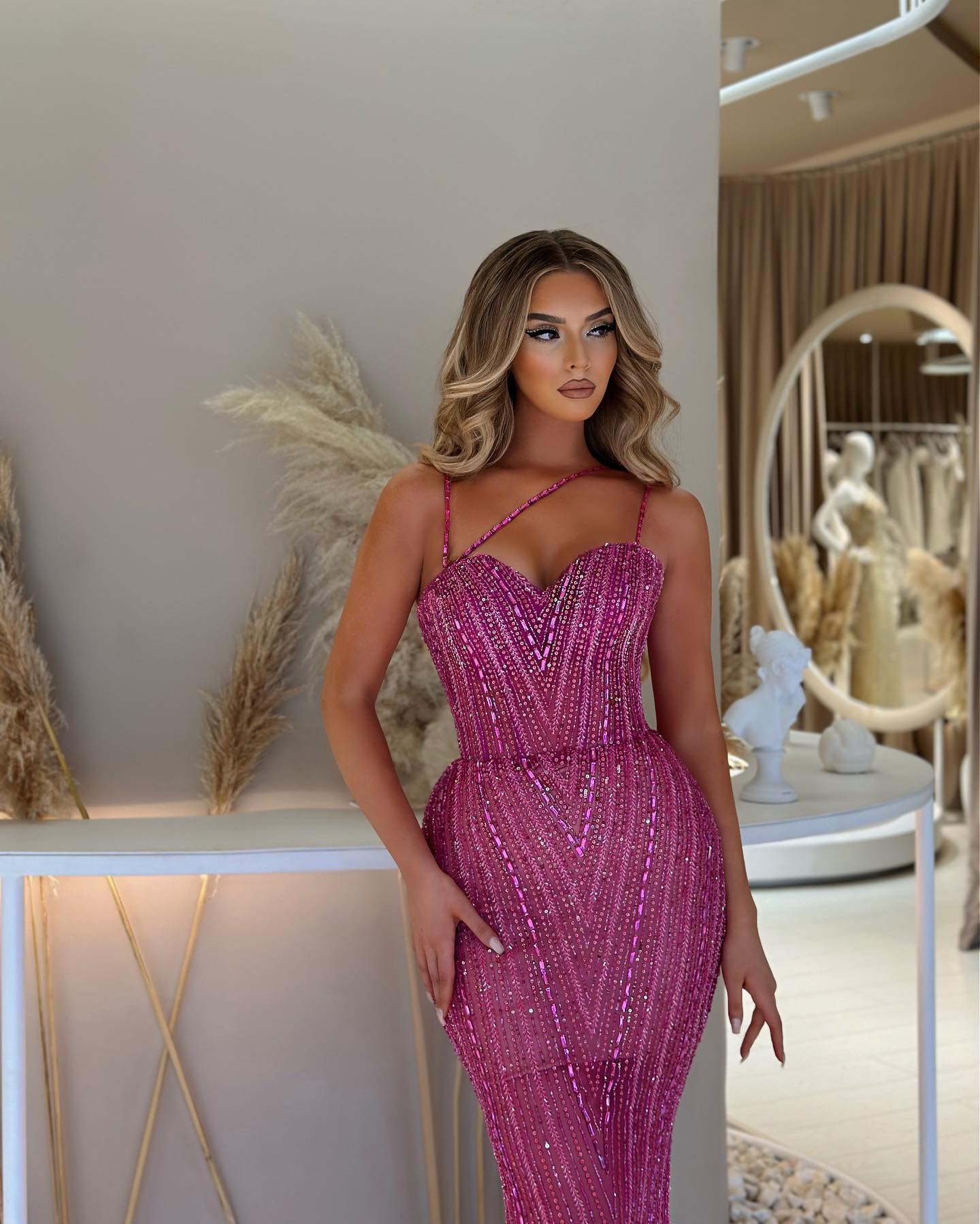 Crystal Dia Mermaid Evening Dresses Rosy Pink Beads Straps Party Prom Mor Beading Formal Long Red Carpet Dress For Special Ocn Lz0304