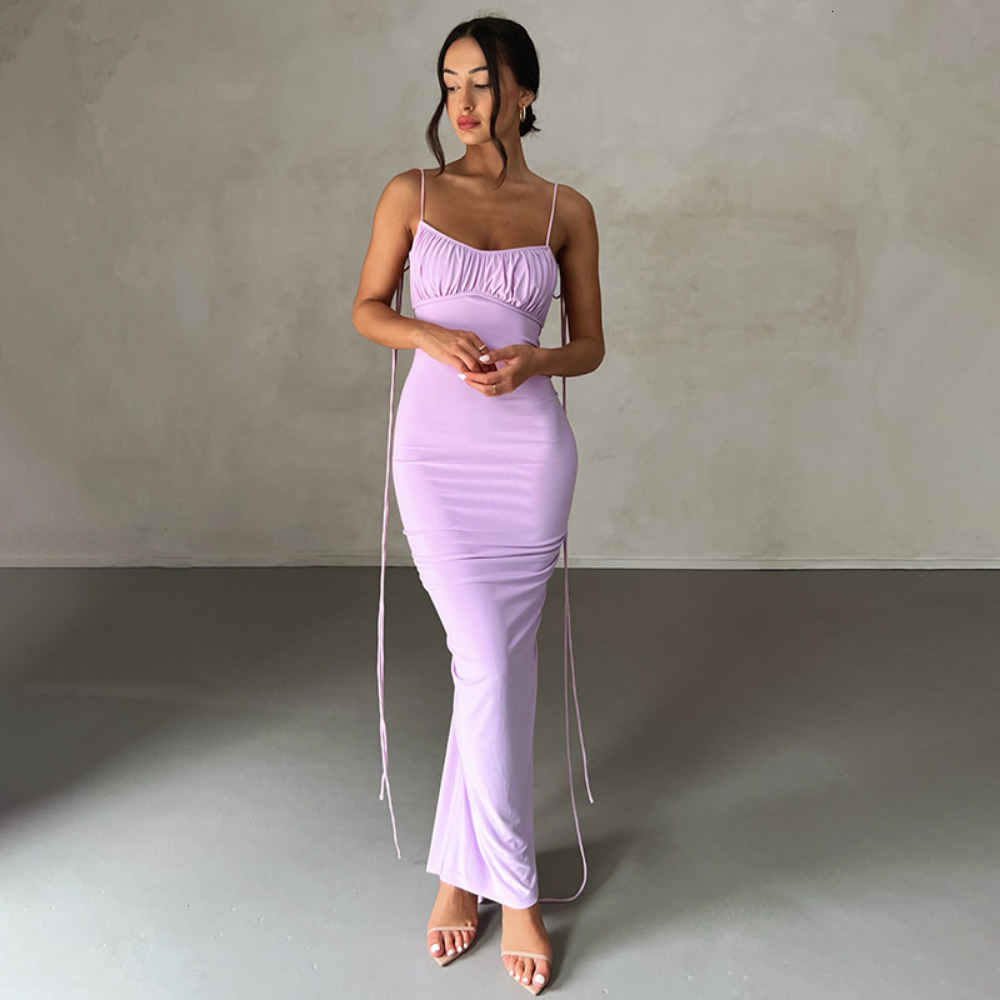 Urban Sexy Dresses Summer Backless Maxi Dress Women Sexy Spaghetti Strap Bodycon Dress Elegant Fashion Ruched Long Evening Party Dresses Pink 230809