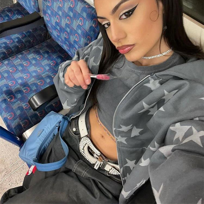 Women's Hoodies Sweatshirts Women Vintage Star Print Hoodies Fashion Casual Zip Up Long Sleeve Loose Jacket Coats Harajuku Hooded Sweatshirts Y2k