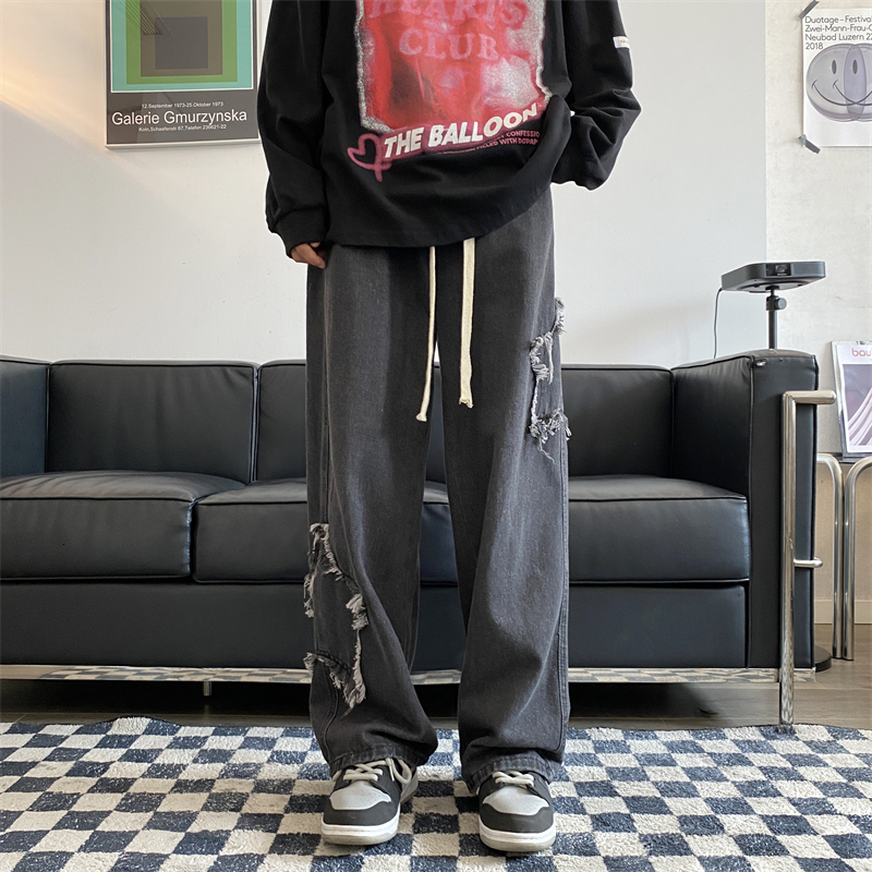 Mens Jeans High Street Star Embroidered Baggy Men Retro Washed Patch Loose Wide Leg Pants American Casual Straight Y2K 230809