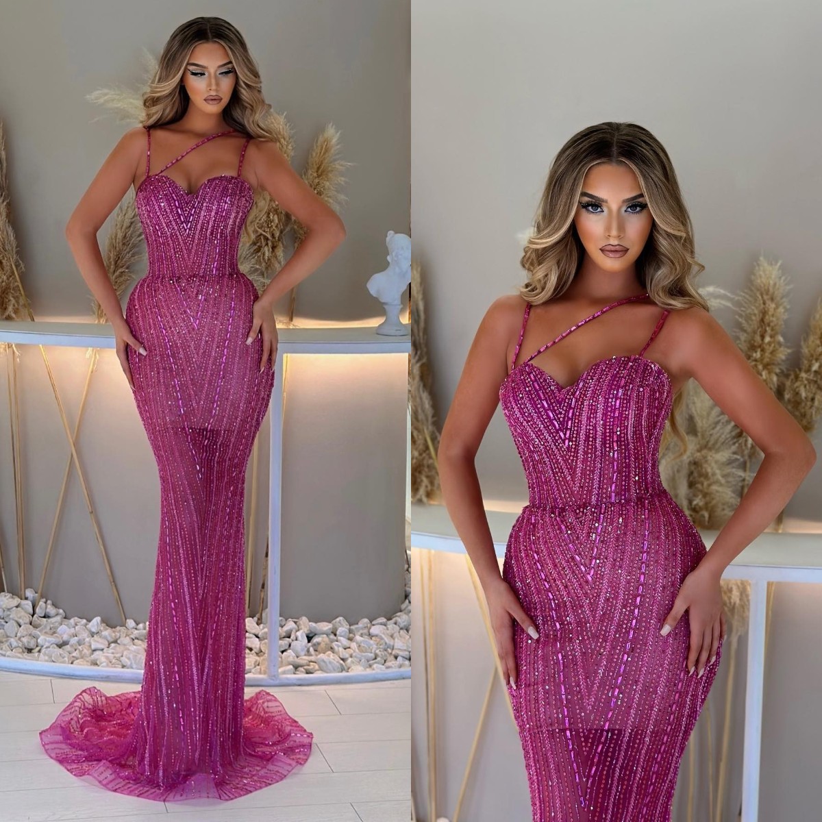 Crystal Dia Mermaid Evening Dresses Rosy Pink Beads Straps Party Prom Mor Beading Formal Long Red Carpet Dress For Special Ocn Lz0304