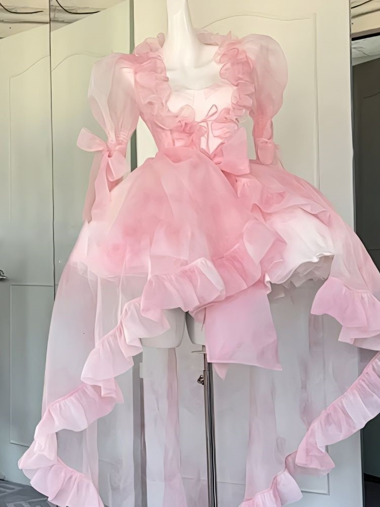 Urban Sexy Dresses Women Organza Chic Pink Asymmetrical Dress Vintage Summer Mini Birthday Female Ruffles Party Vestidos Lady Holiday Puff Dress 23080