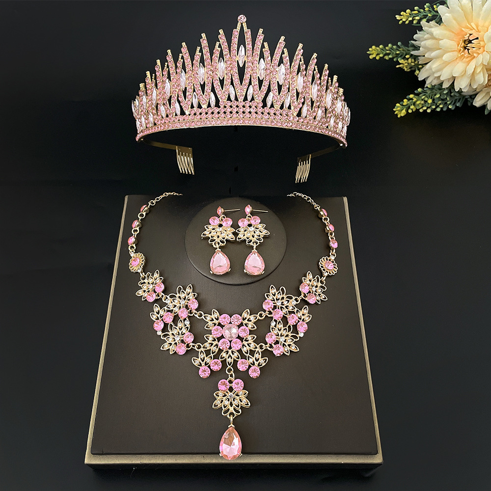 Wedding Hair Jewelry Fashion Pink Crystal Bridal Tiara Crown Women Queen Princess Necklace Sets Fashion Jewelry Set Diadems 230808