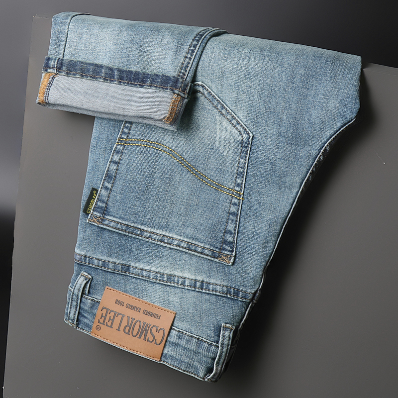Mens Jeans Spring Autumn Vintage Blue Solid Color Elastic Classic Men Slim Fashion Denim Trousers Male 2840 230809