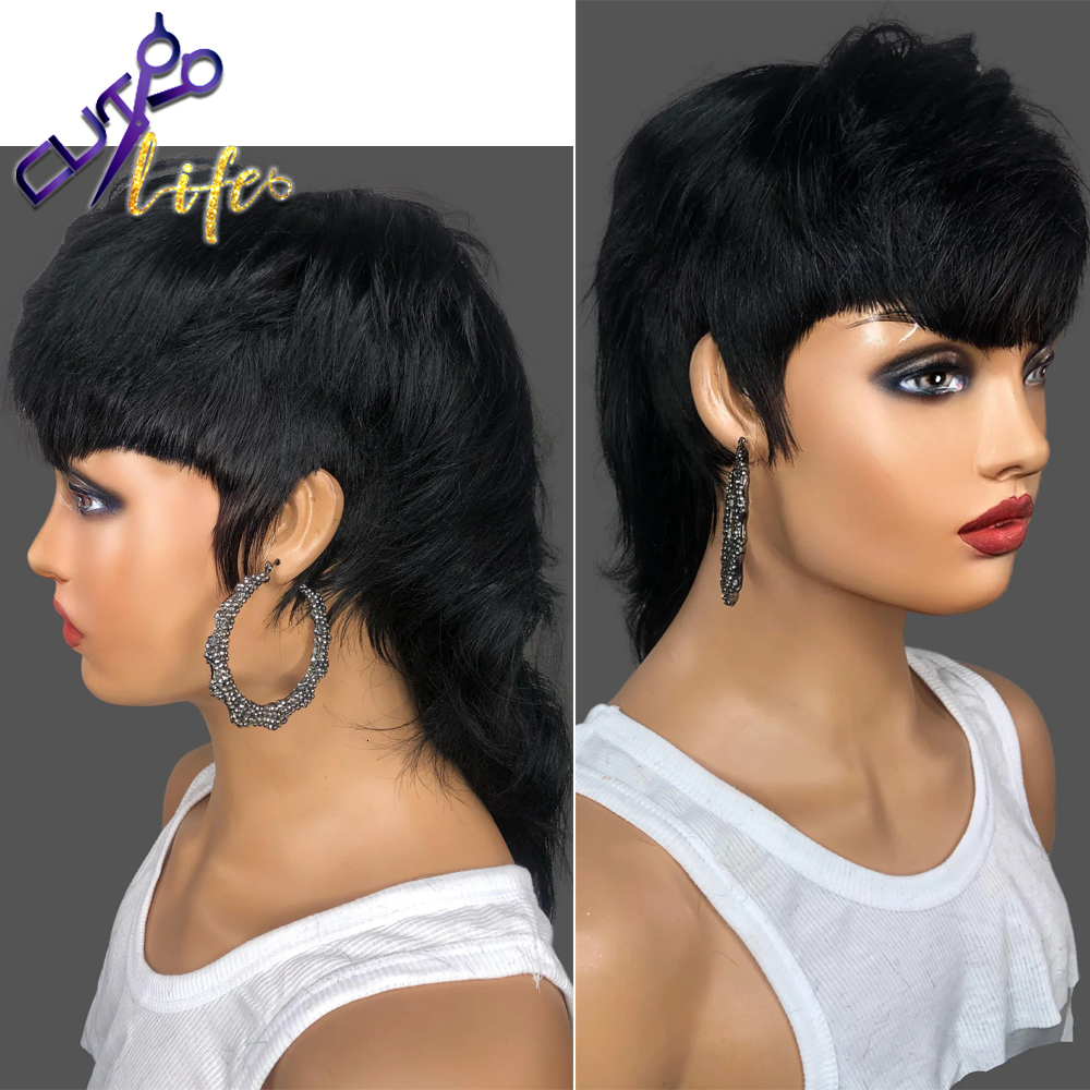 Synthetic Wigs Short Pixie Cut Wigs Full Machine Made Wig With Bangs Dovetail Straight Brazilian Remy Human Hair Wigs For Women Model Length 230808